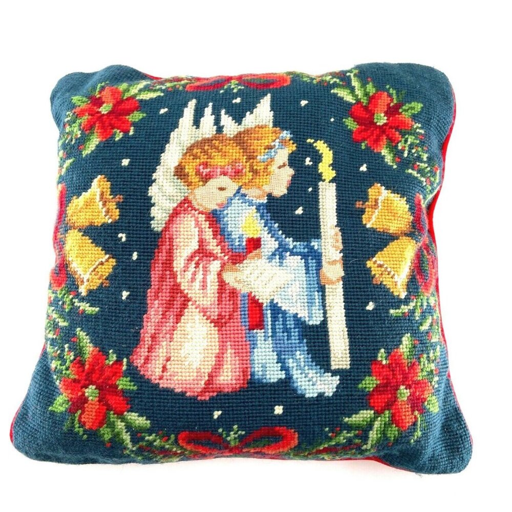 Imperial Elegance VTG Praying Angels Candle Christmas Needlepoint Pillow 13"